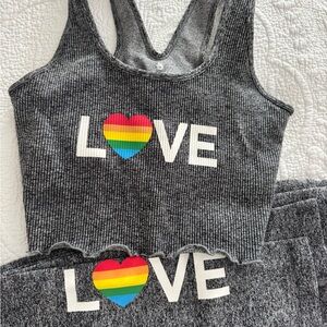 Spiritual Gangster Gray Ribbed LOVE Set with Rainbow Heart Size M/L
